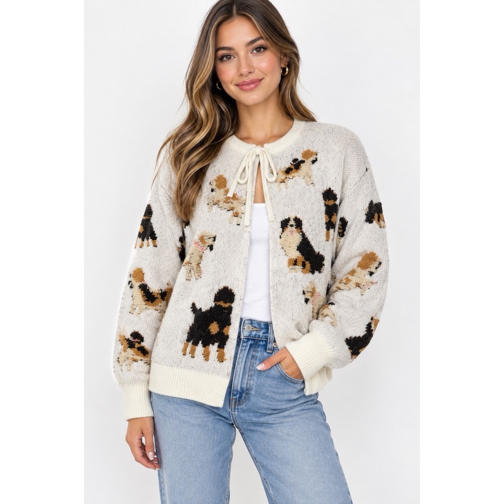 Roffe Women's Knit Sweater Cardigan Dog Print Size M NWT